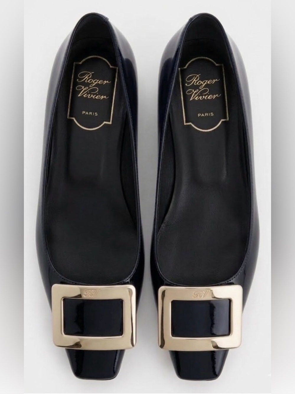 Roger Vivier Navy Patent Leather Low Kitten Heel with Gold Square Buckle